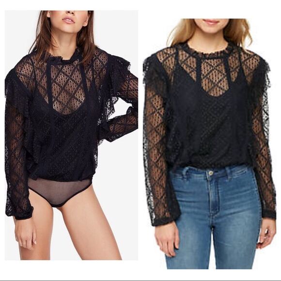 Free People Tops - Free People Goldie Black Lace Ruffled Bodysuit XS